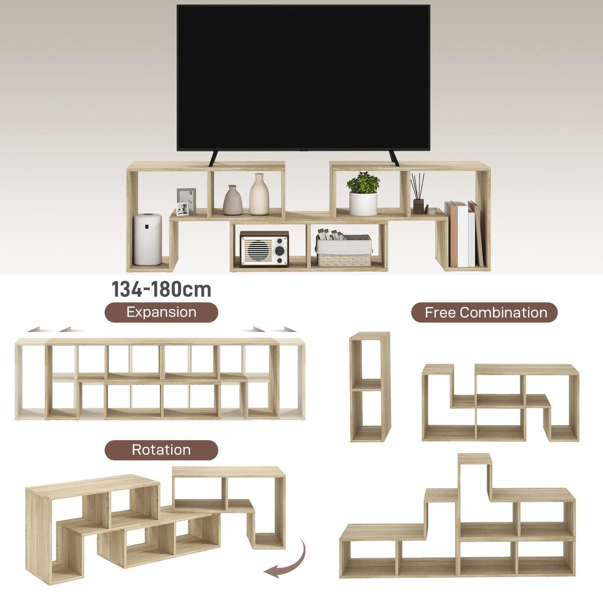 Light wood-effect TV stand modular blocks showing expansion and free combination layouts