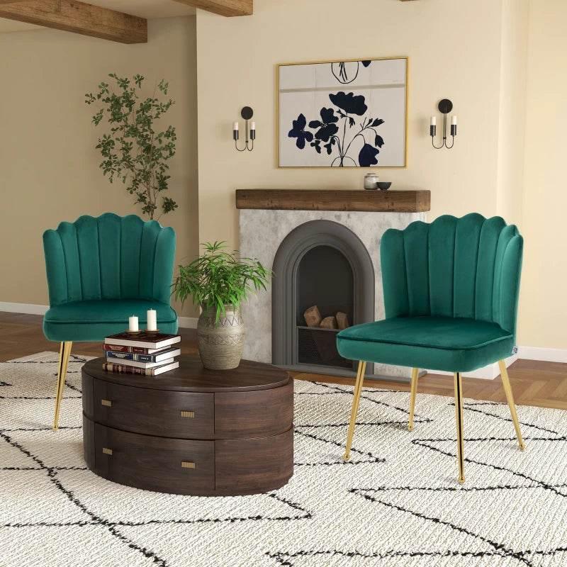 Green upholstered dining chair with shell back and gold metal legs, set of 2