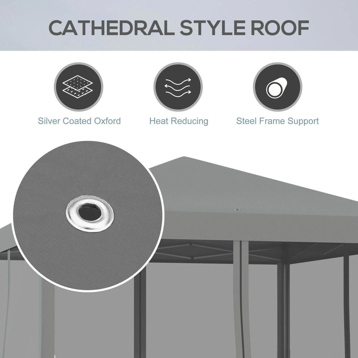 Grey pop-up gazebo roof with reinforced steel frame support and roof eyelet