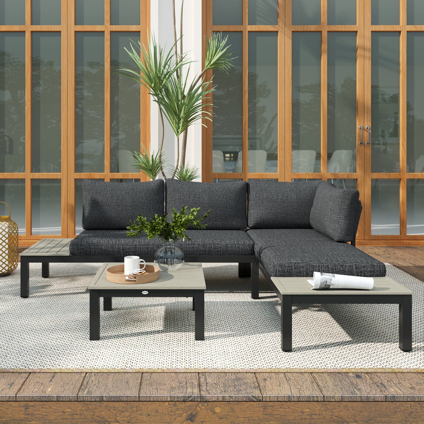 Outsunny 3 Piece Aluminium Outdoor Garden Furniture Set 4 Seater Corner Sofa With 2 Loveseats And Coffee Table