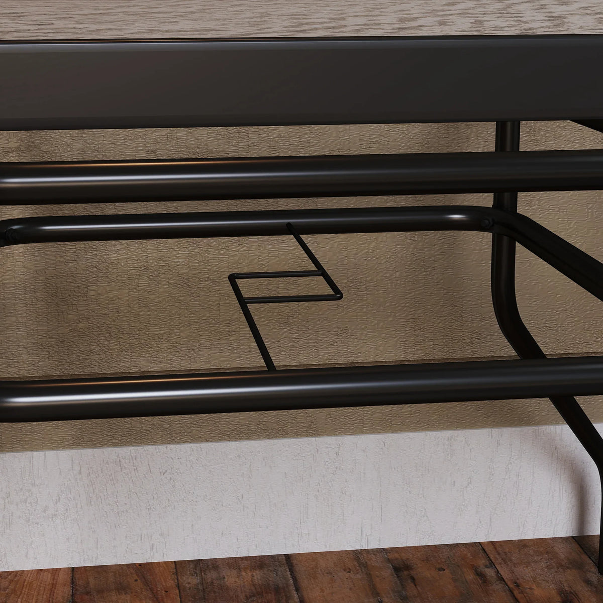 Underside view of square outdoor dining table: black steel rails and umbrella-hole support