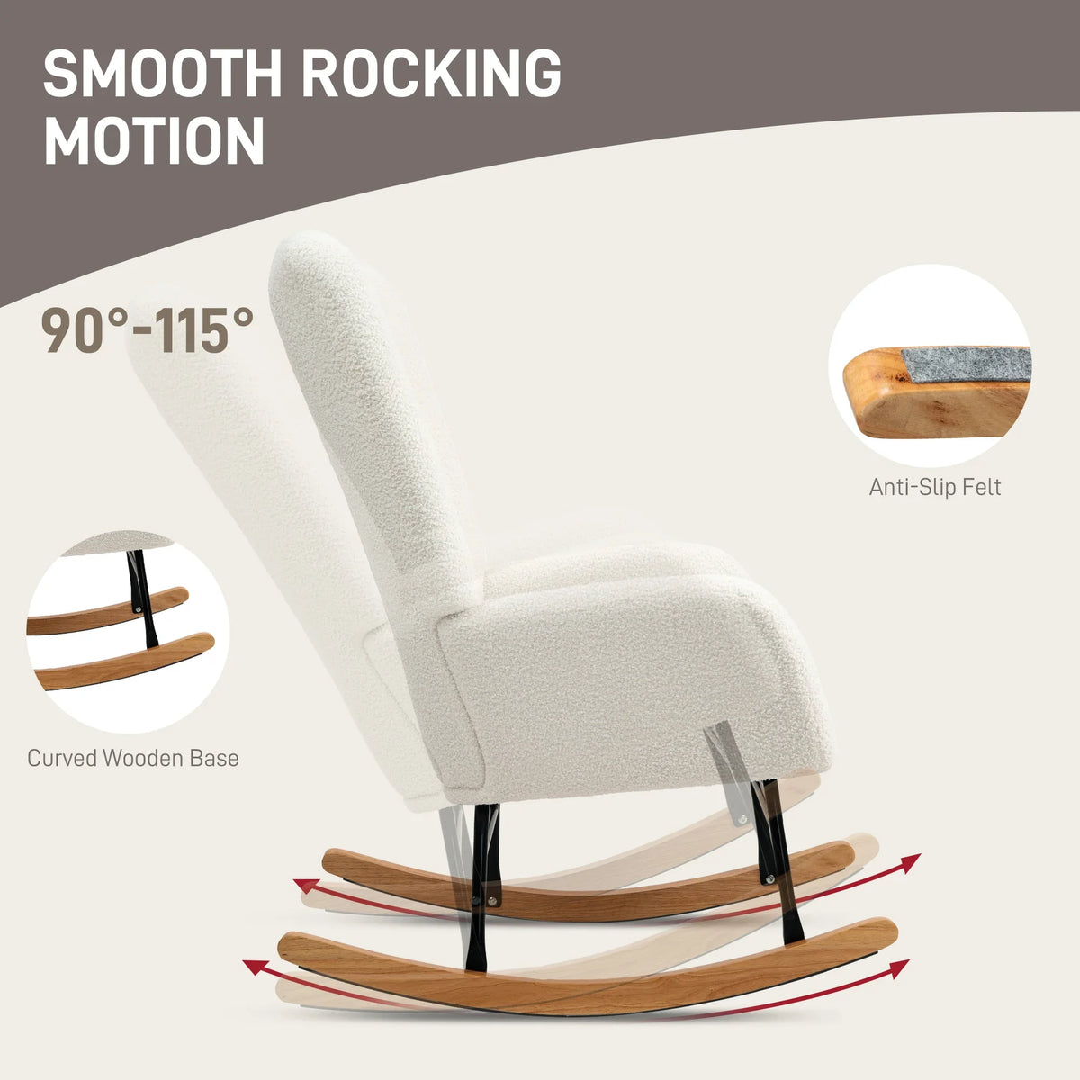 Cream teddy fleece rocking chair with curved wooden base and non-slip felt pads