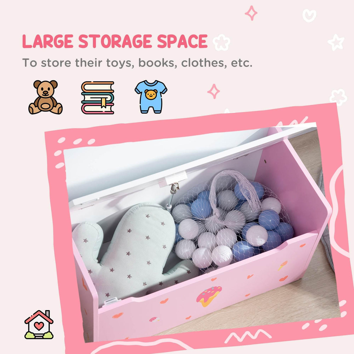 Open pink toy storage bench showing large storage area with stuffed toys and balls
