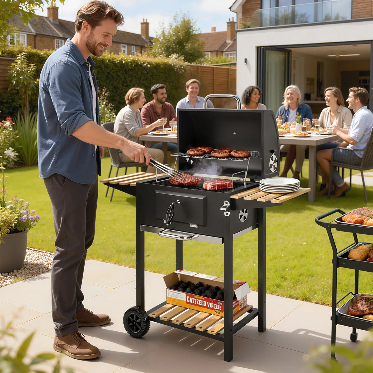Charcoal BBQ grill with open lid and warming rack, grilling surface on patio