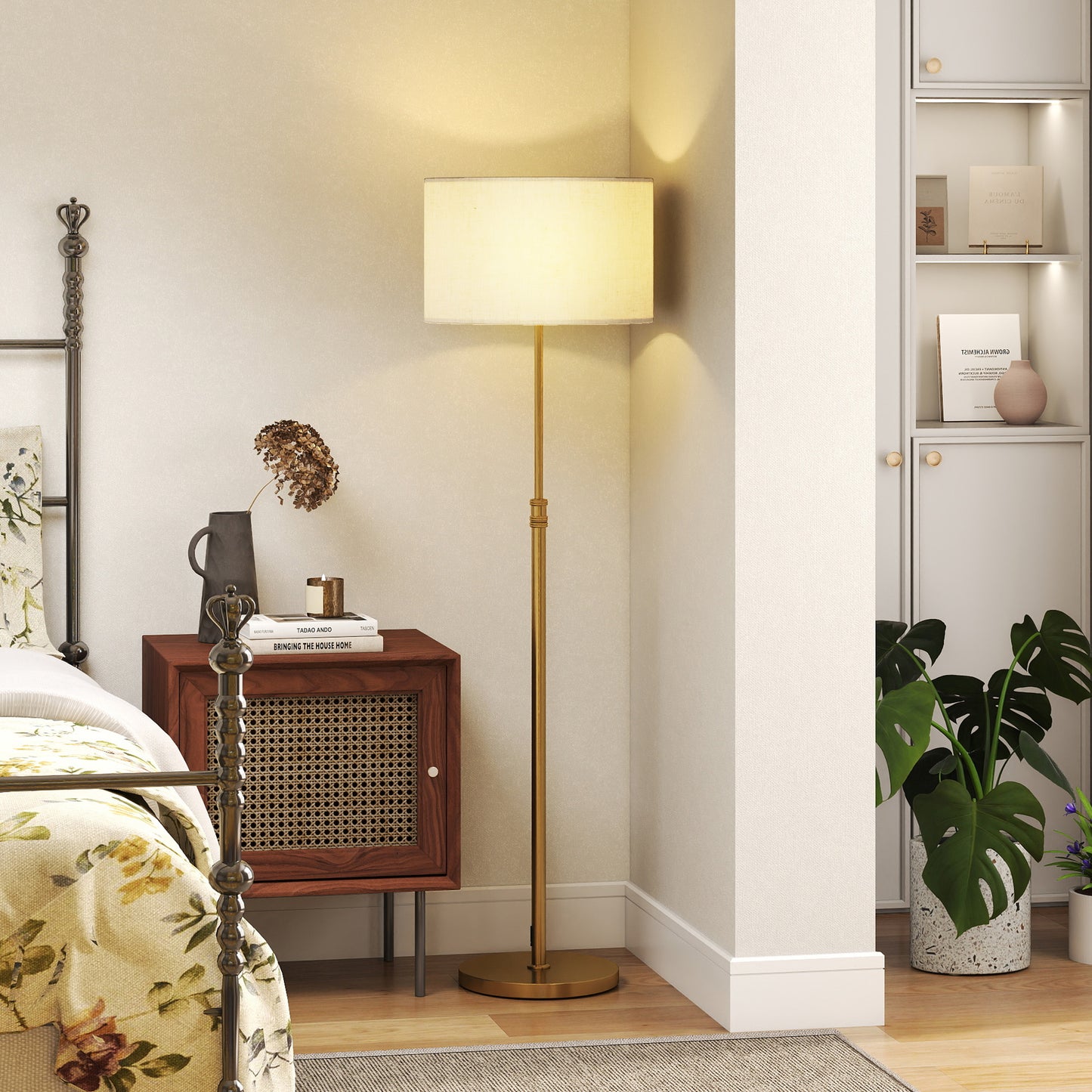 HOMCOM Floor Lamp With Remote And Dimmable Colour Temperature 3000K-6000K, Height Adjustable Linen Shade, Gold Tone