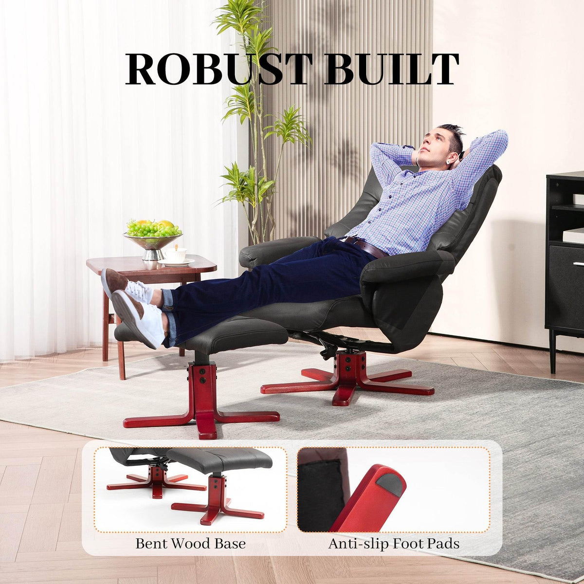 Black recliner with footstool and red base, anti-slip foot pads and plush seat.