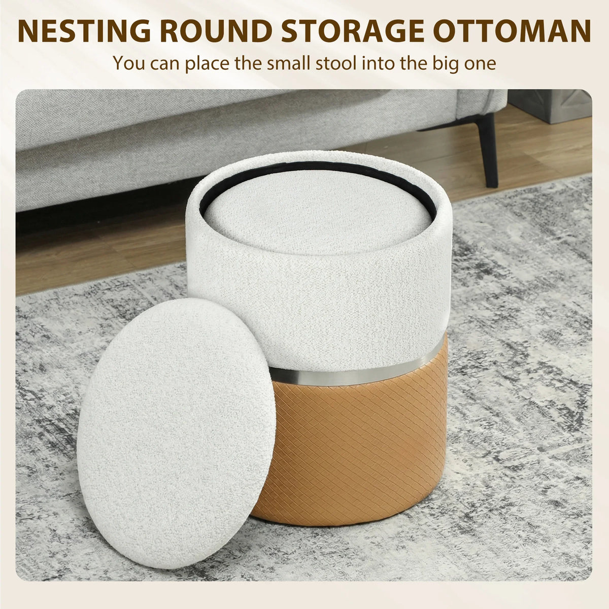 Round storage ottoman with lid, nesting matching ottoman in cream and brown