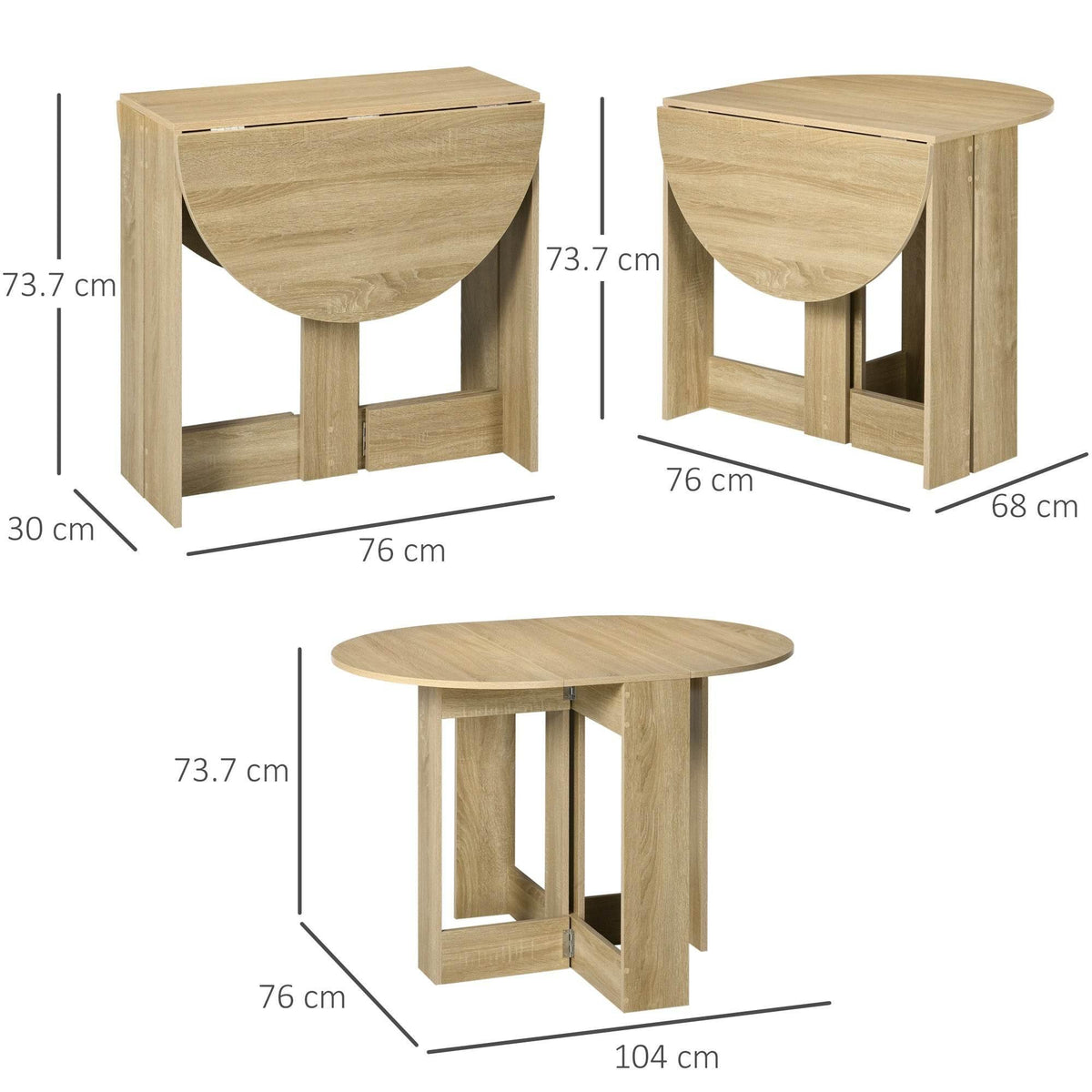 Oak drop-leaf dining table shown with open leaves and size dimensions