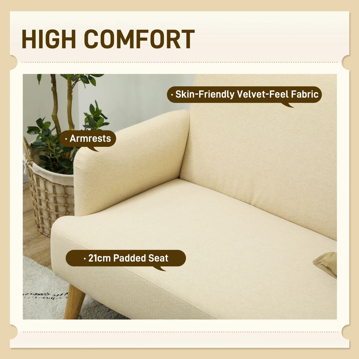 Cream 2-seat sofa with padded seat and wide armbrests, fabric upholstery