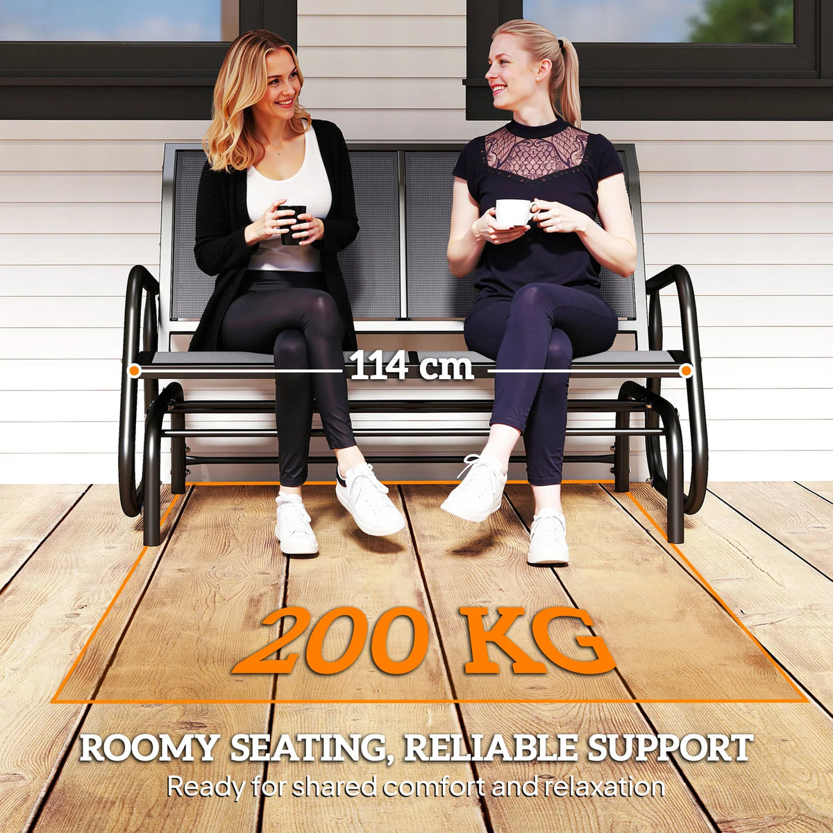 Two-person outdoor glider bench with dark grey frame, arched armrests, and wide seat