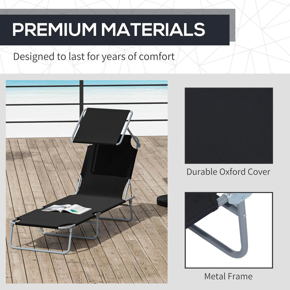 Outsunny black sun lounger with durable Oxford cover and metal frame