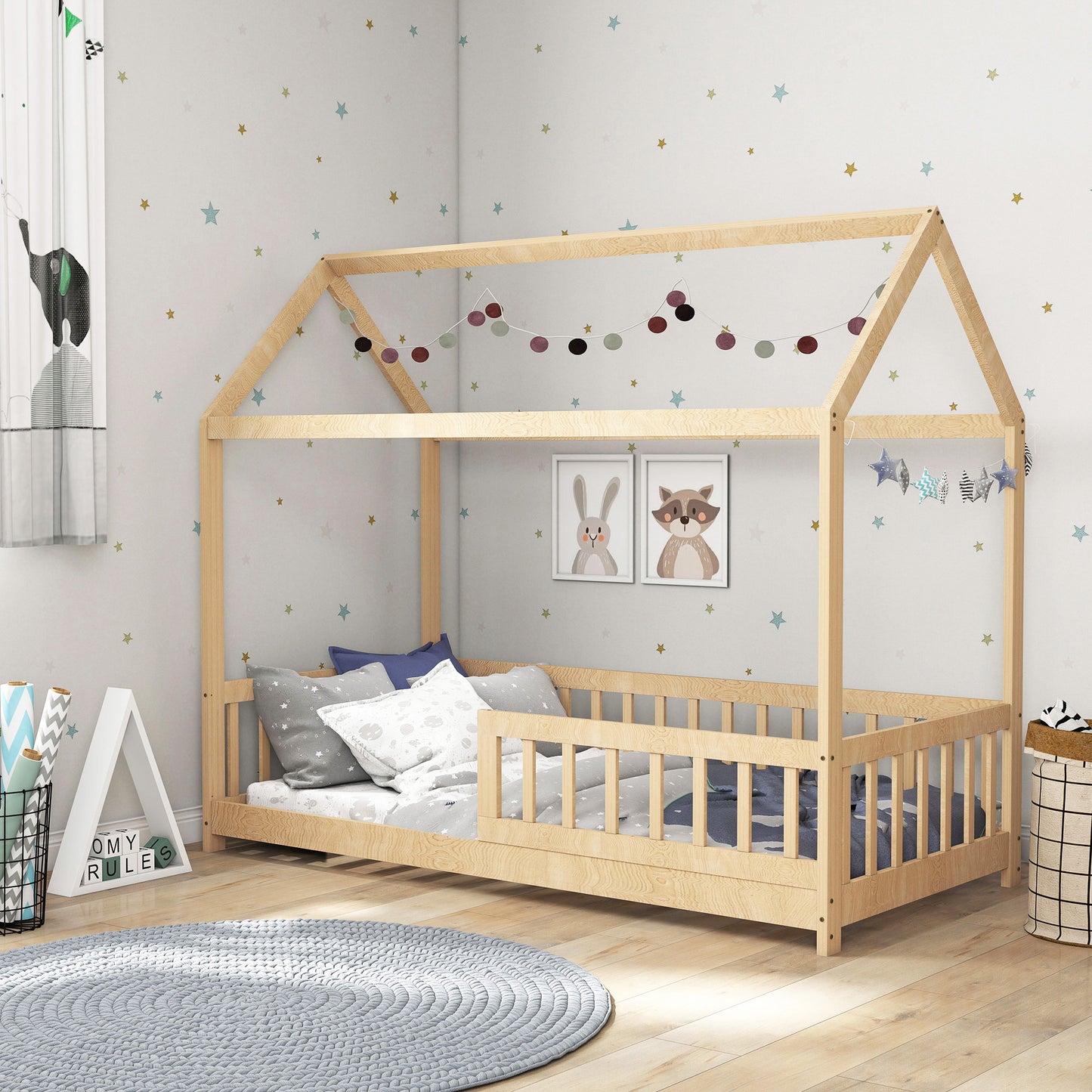 HOMCOM House Shaped Kids Bed Frame With Guard Rails Made From Solid Pine Wood Natural Finish Single Bed