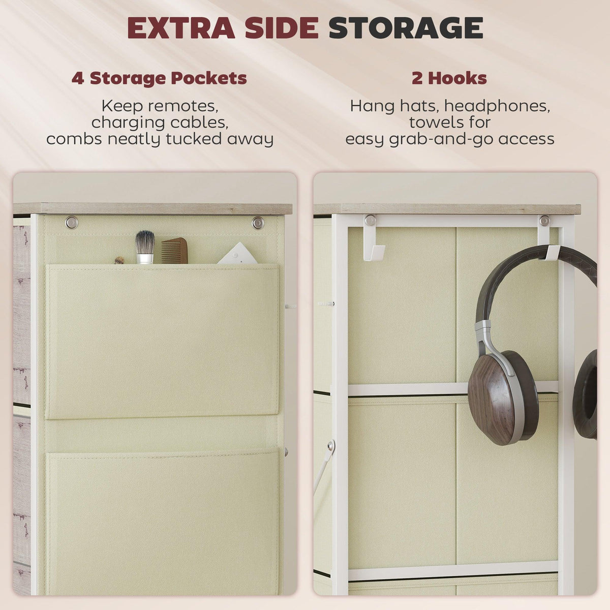 Fabric chest with 4 side pockets and 2 hanging hooks for small accessories