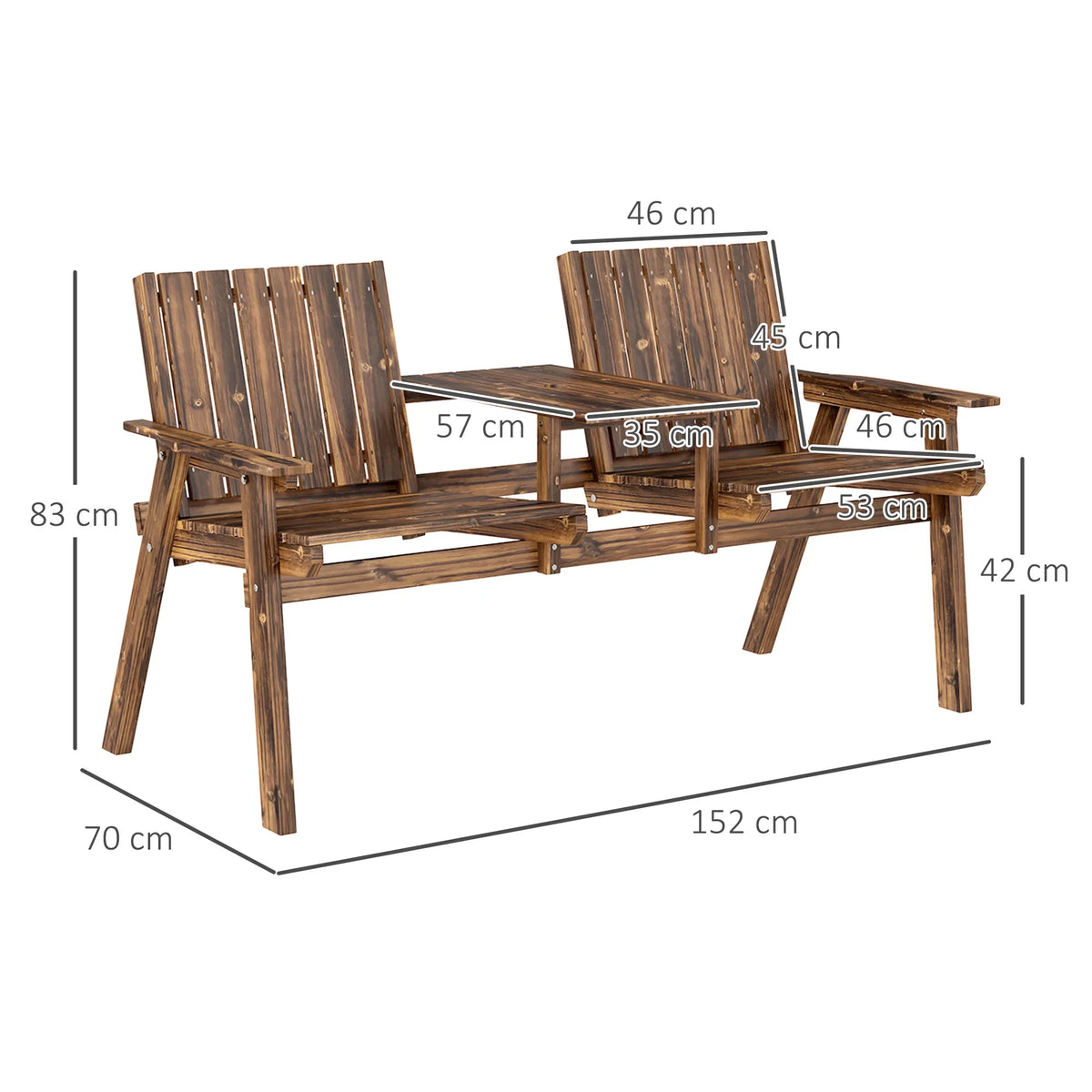 Brown wooden 2-seat garden loveseat with center table, shown with size dimensions