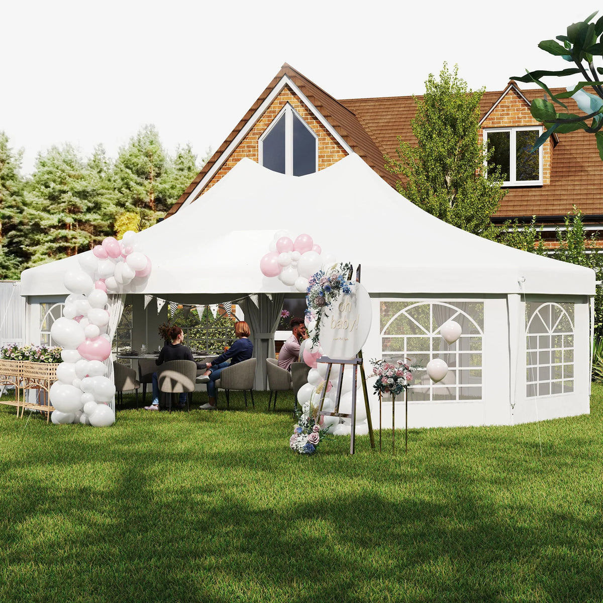 White garden party gazebo canopy with arched window panels and pink balloon decoration