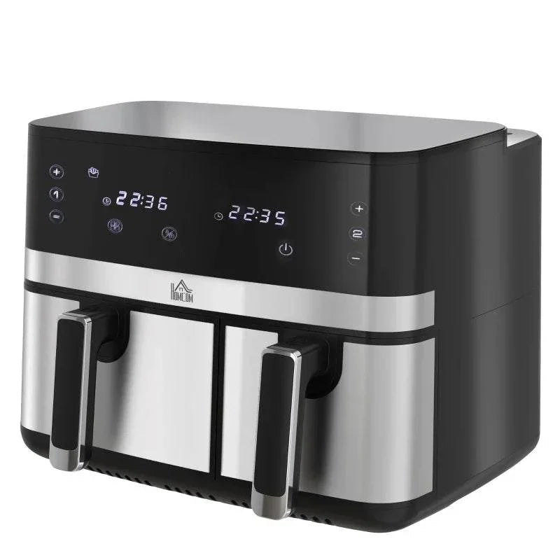 Black dual-basket air fryer with digital display and two front drawers