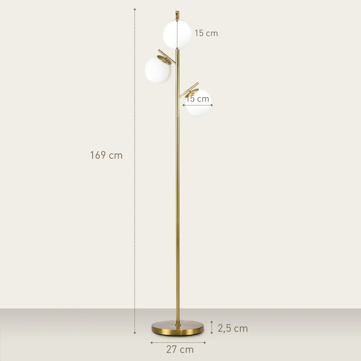 Tall gold-tone standing floor lamp with three globe glass shades
