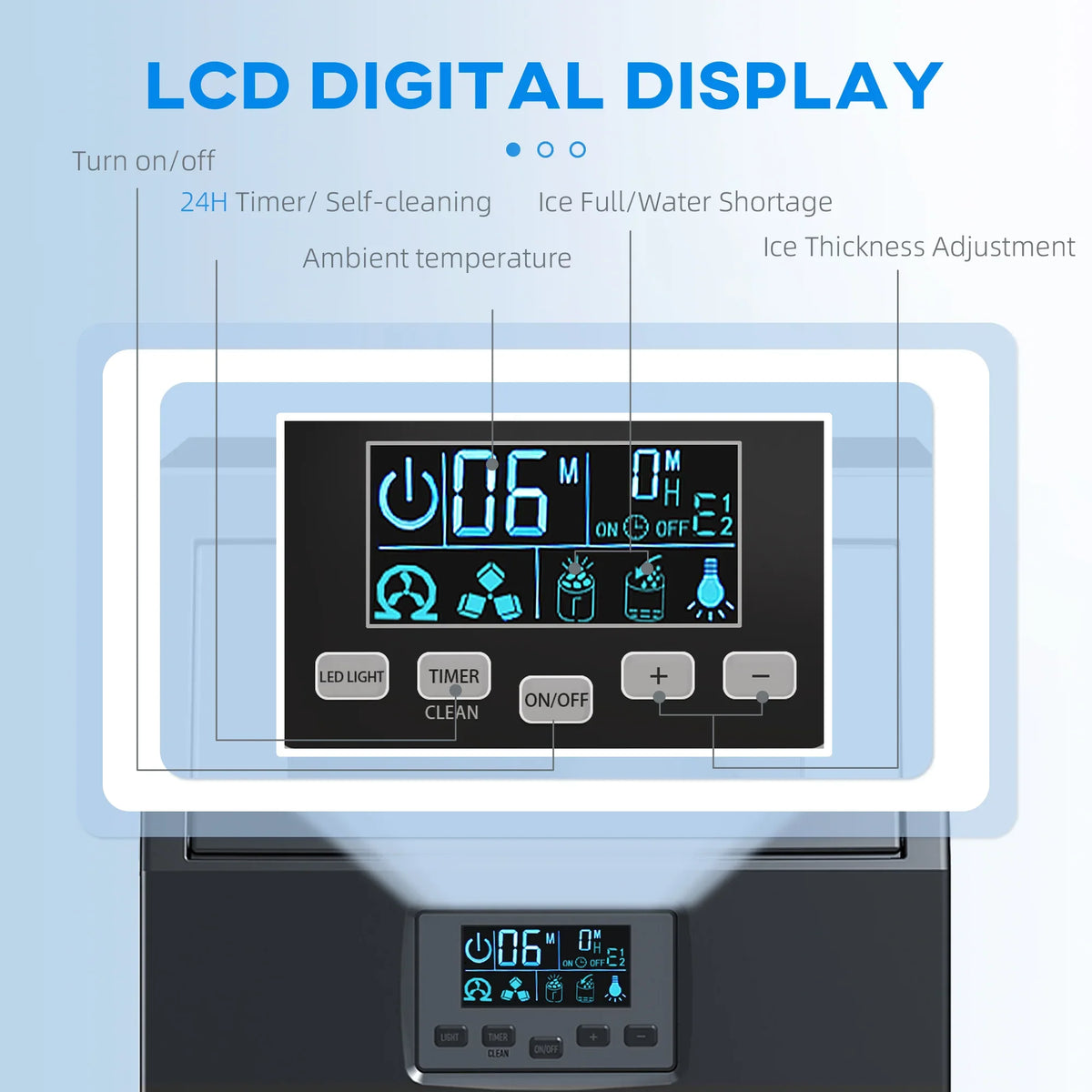 Black ice maker control panel with blue-lit LCD display and front transparent window