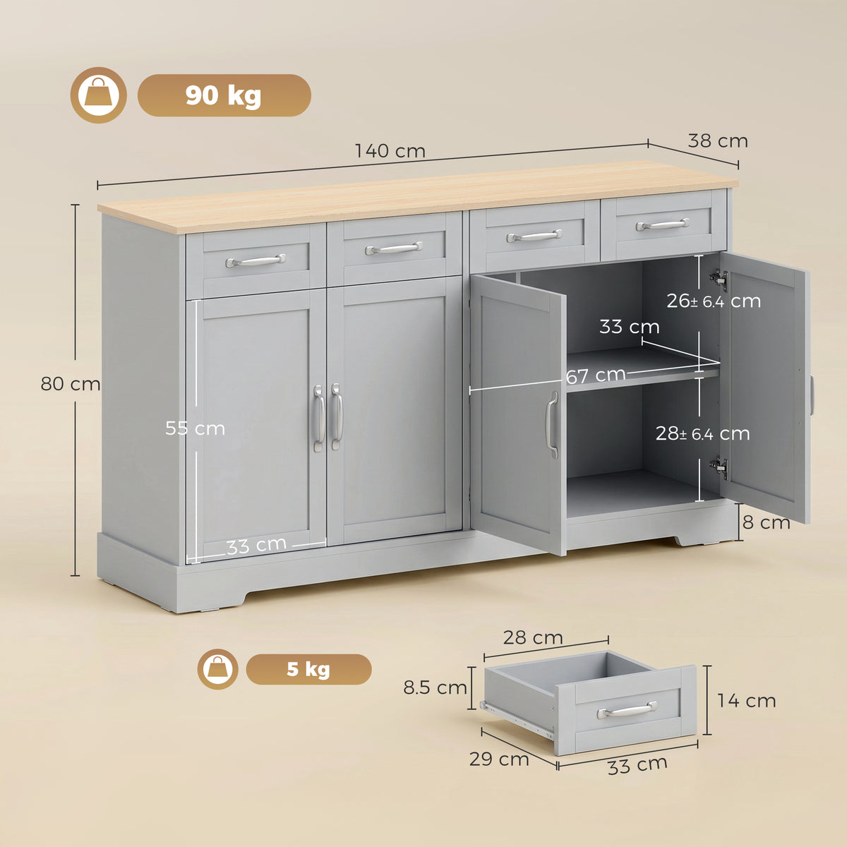 Grey sideboard cabinet, 140 cm wide, with four drawers and open side storage
