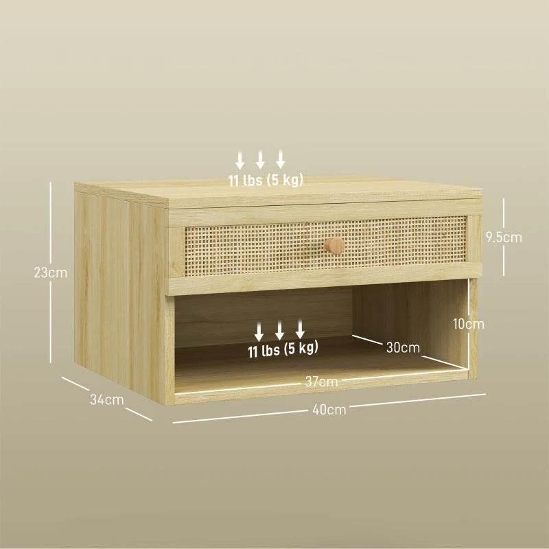 Floating light wood-effect nightstand with rattan front, drawer and open shelf