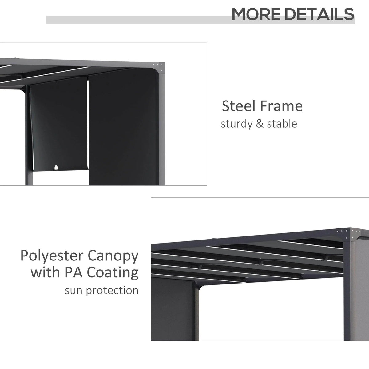 Grey pergola details: steel frame and polyester canopy with PA coating