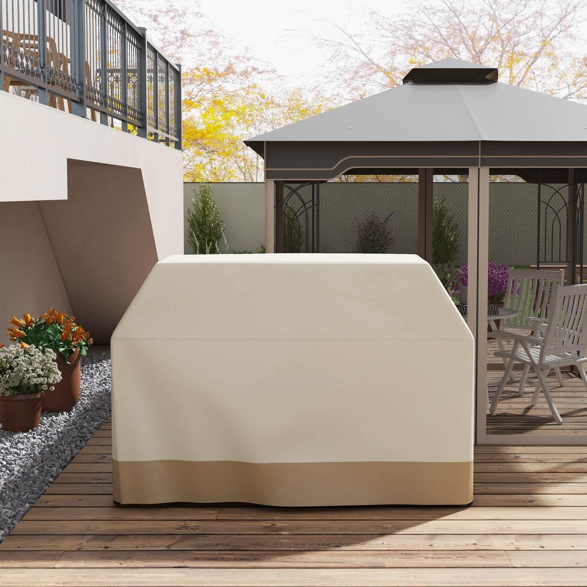 Beige waterproof BBQ grill cover over outdoor grill