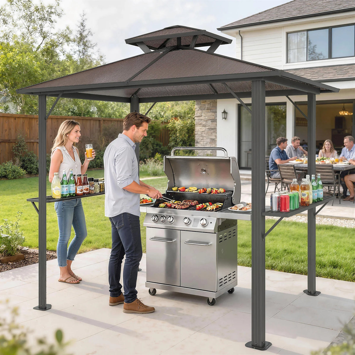 Brown hardtop BBQ gazebo with double roof and open sides framing a stainless grill