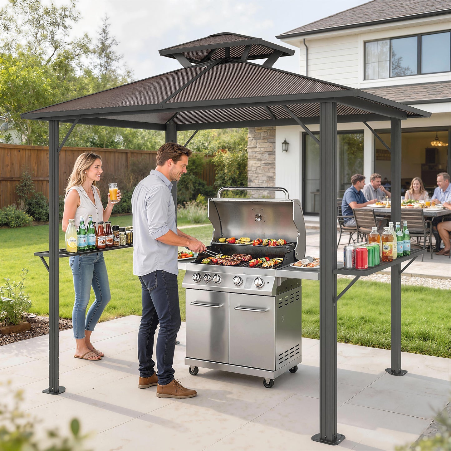 Outsunny 2.5 X 1.5 M Hardtop BBQ Gazebo With Double Roof Aluminium Outdoor Shelter Brown