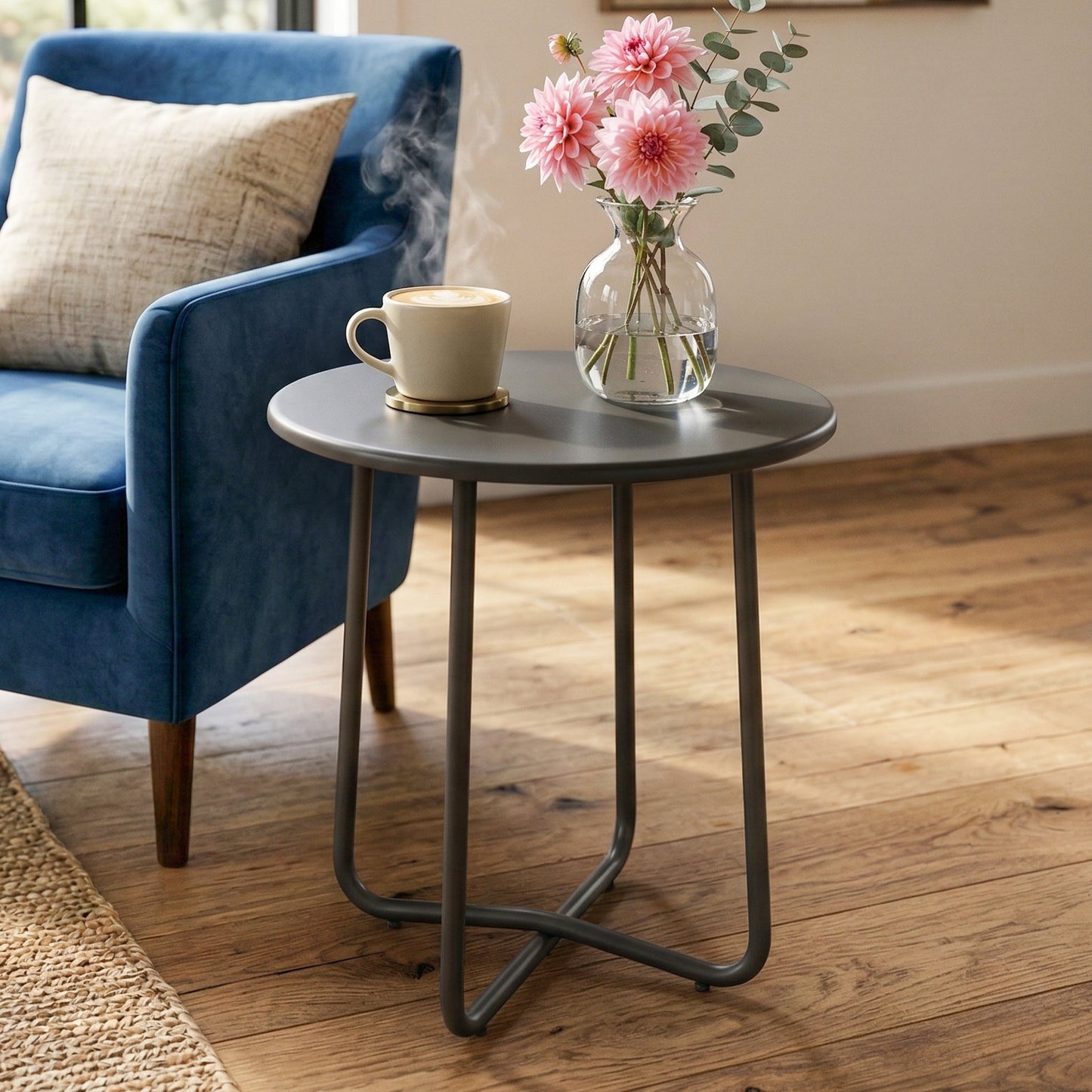 Outsunny 48 cm Round Garden Side Table With Rolled Edge Rust Resistant Metal Outdoor Table Dark Grey
