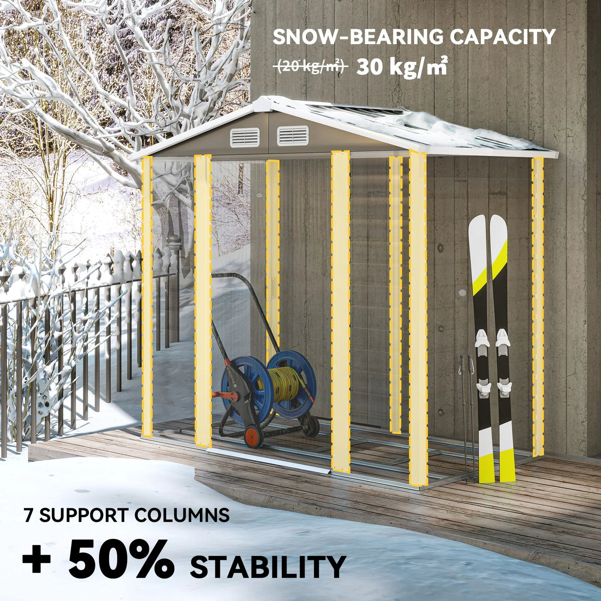 Grey garden shed covered in snow with roof design for snow load