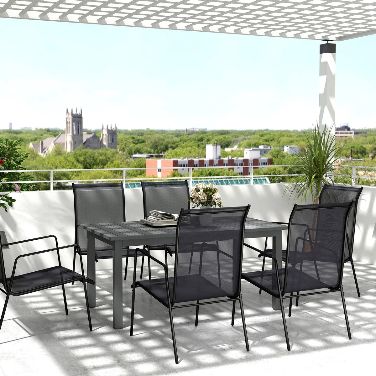 Grey extending garden dining table with slatted top and butterfly leaf, seating for 6–8