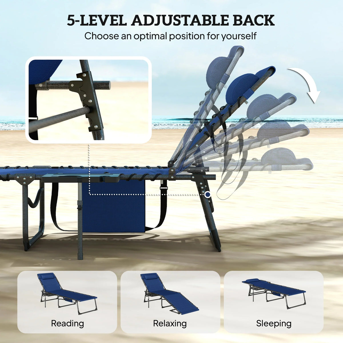 Dark blue reclining lounger with 5-level adjustable backrest in multiple positions