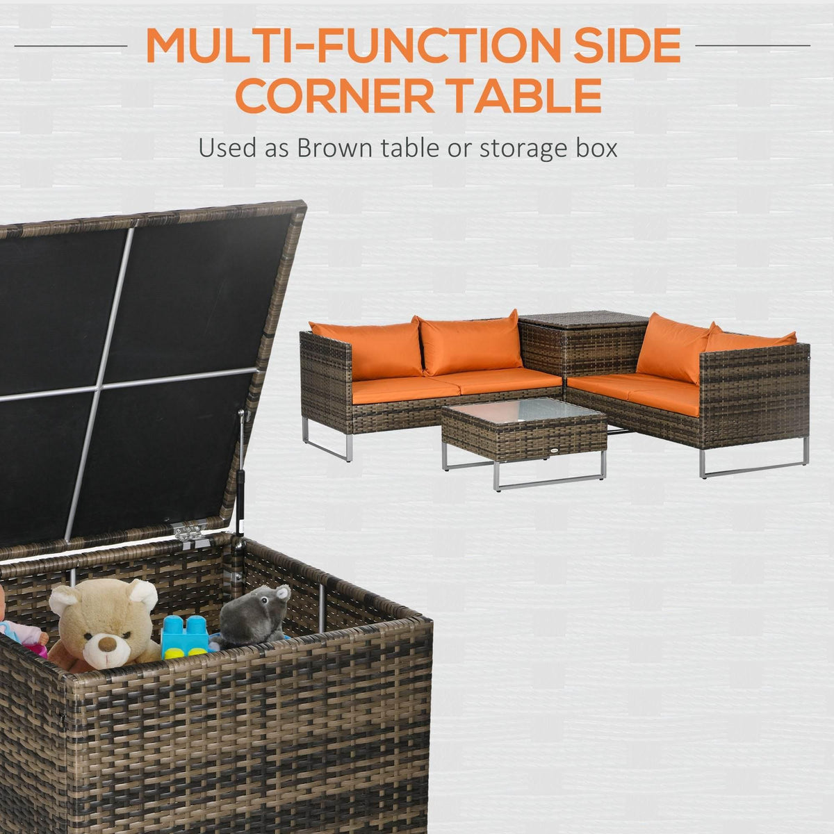 Outdoor rattan patio set with orange cushions and open storage corner tabletop
