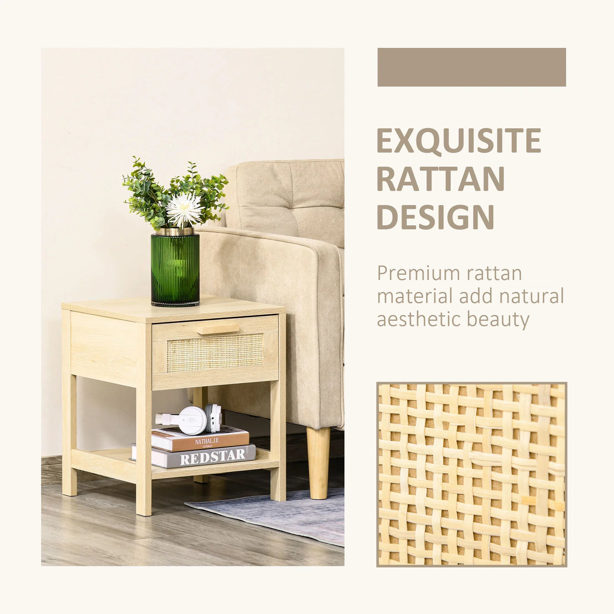 Natural rustic bedside table set of 2 with rattan drawer and open storage shelf