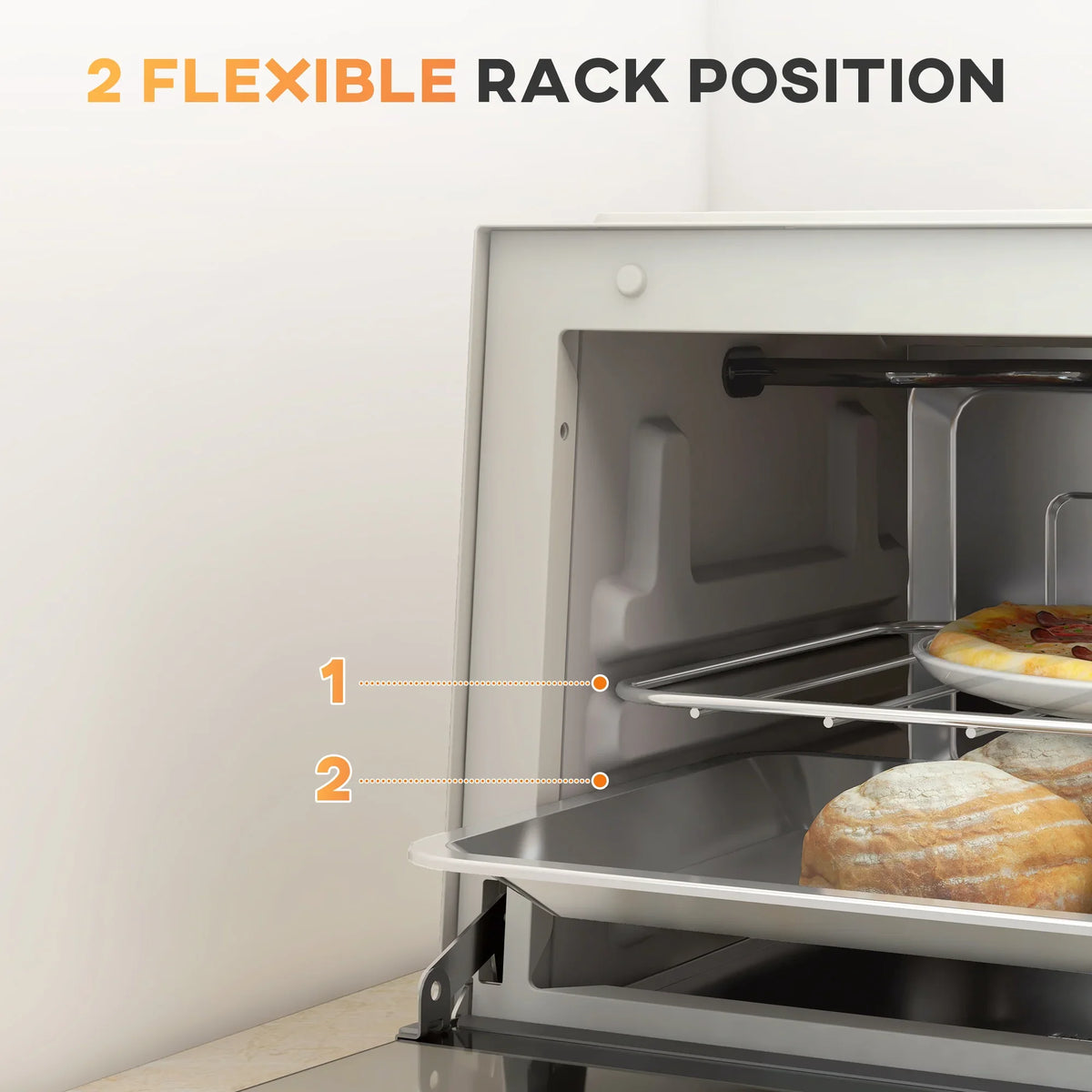 Open cream mini oven showing adjustable rack positions with wire support