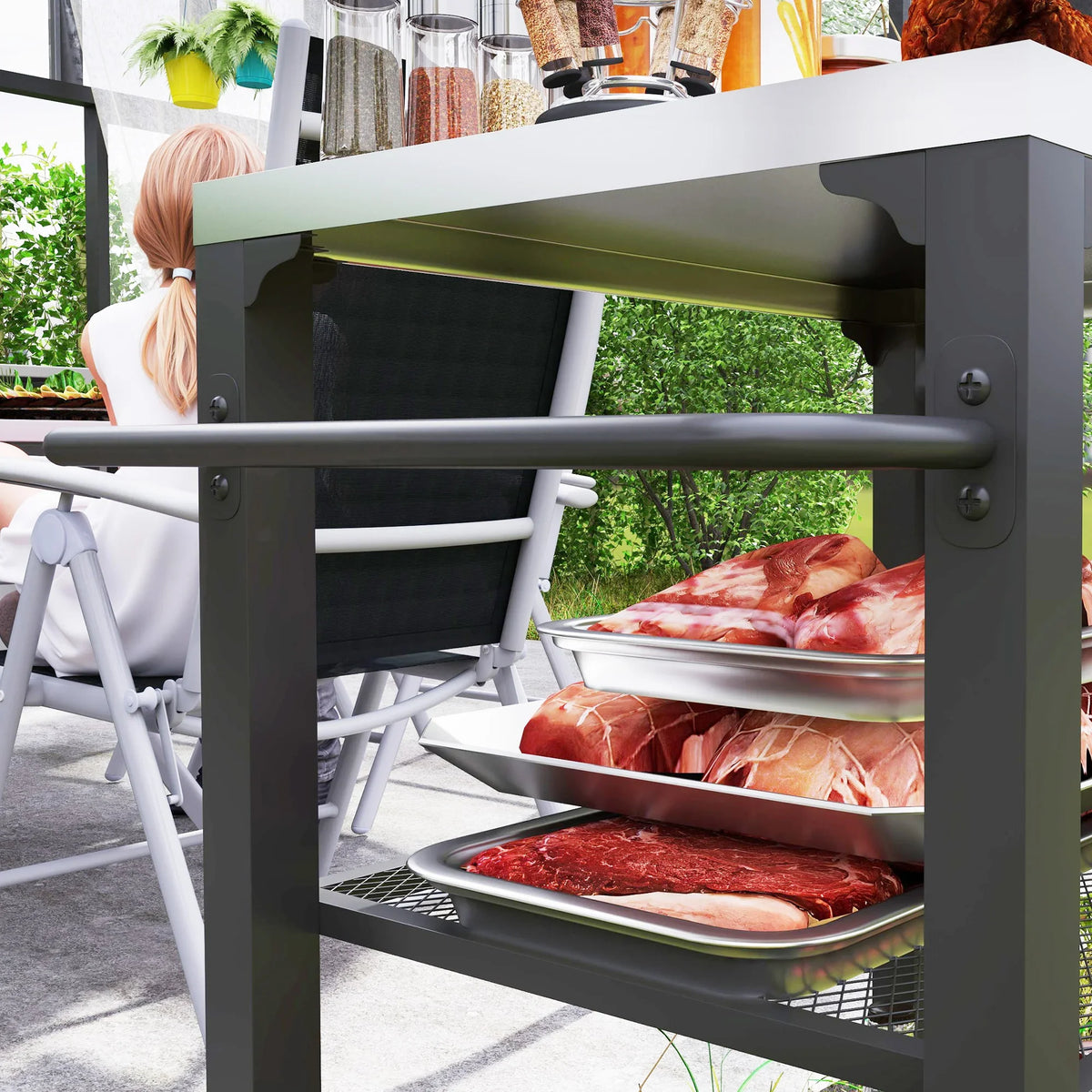 Outdoor grill cart side view with stainless top and three shelves holding raw meat outdoors