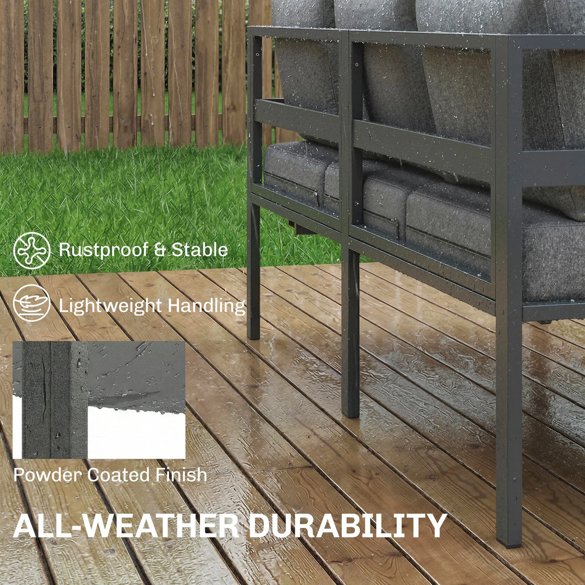 Powder-coated gray outdoor sofa frame with cushioned back panels and sturdy legs.
