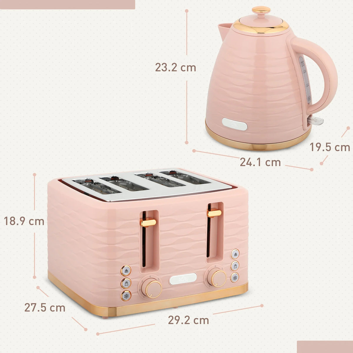 Pink 1.7L kettle and 4-slice toaster set, shown from front angles side by side