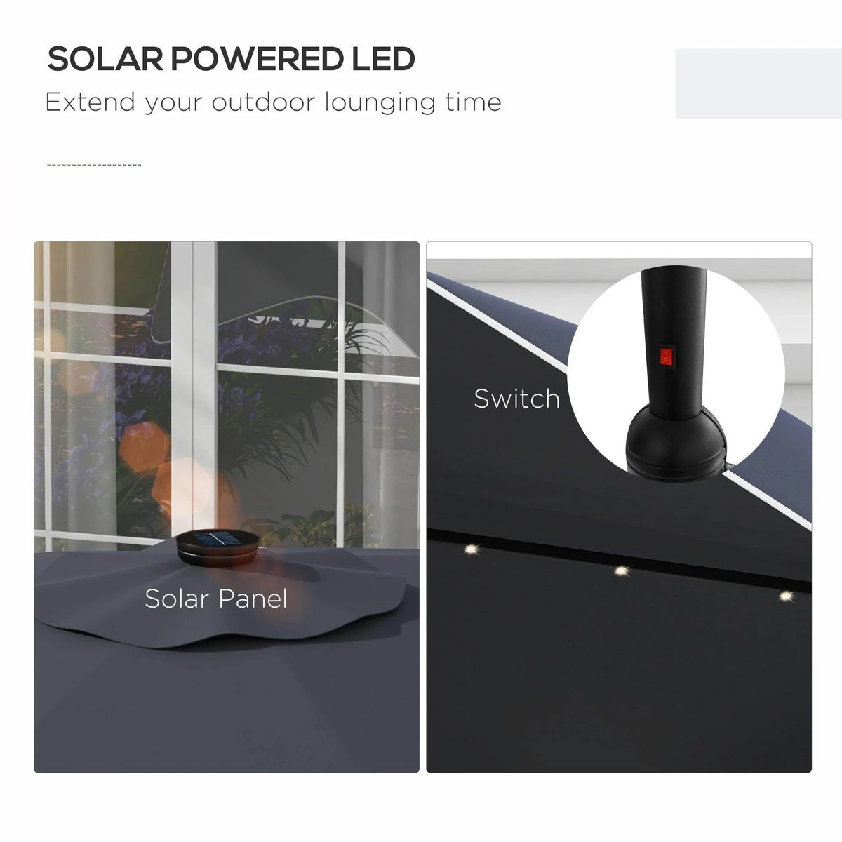 Solar-powered dark grey patio umbrella with solar panel base and LED switch