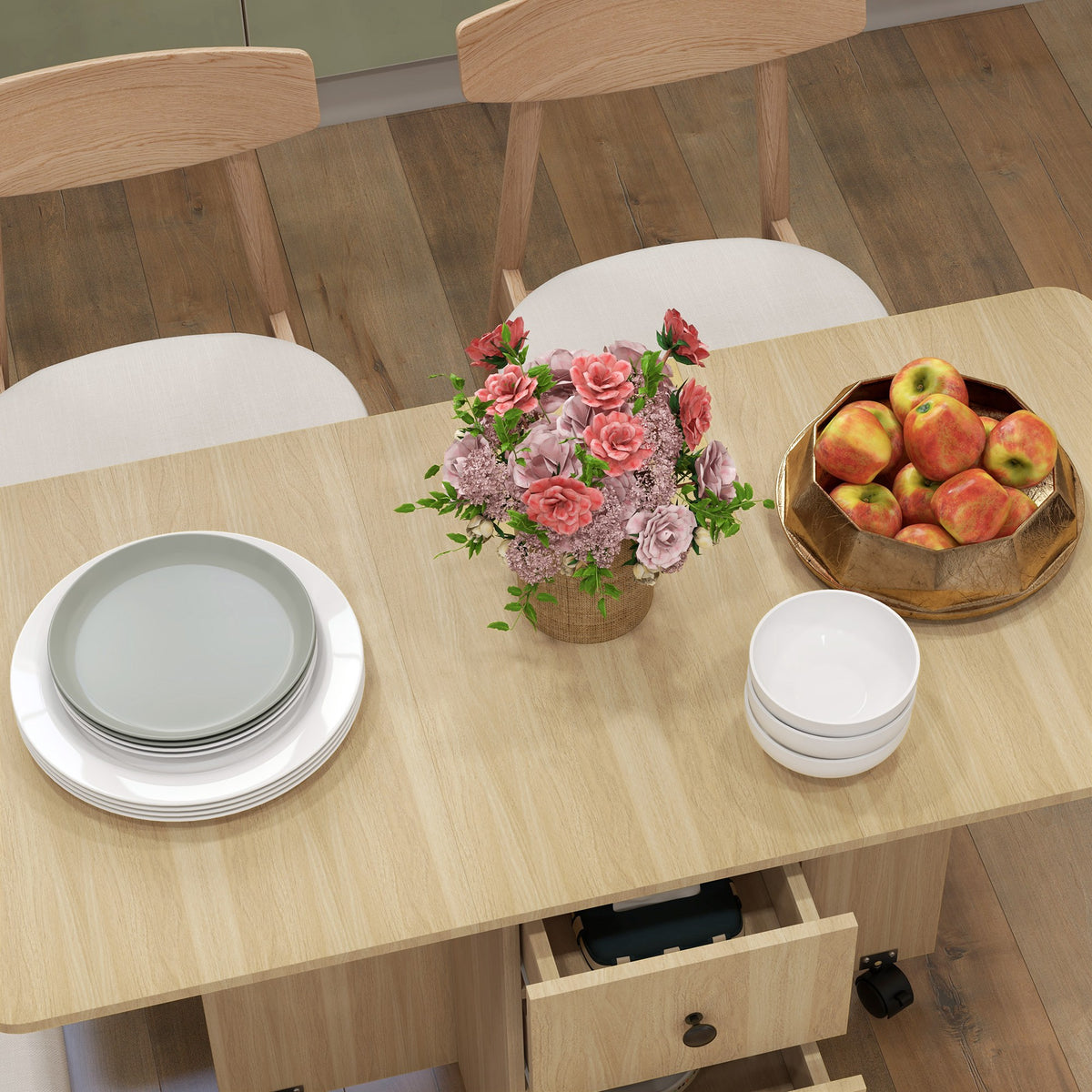 Light wood effect dining table with drawer base and open cabinet storage under top