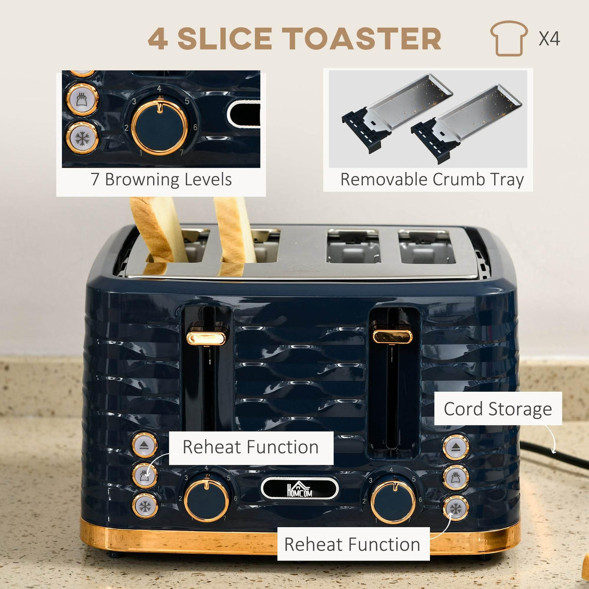 4-slice electric toaster, glossy dark blue with gold trim and reheat controls