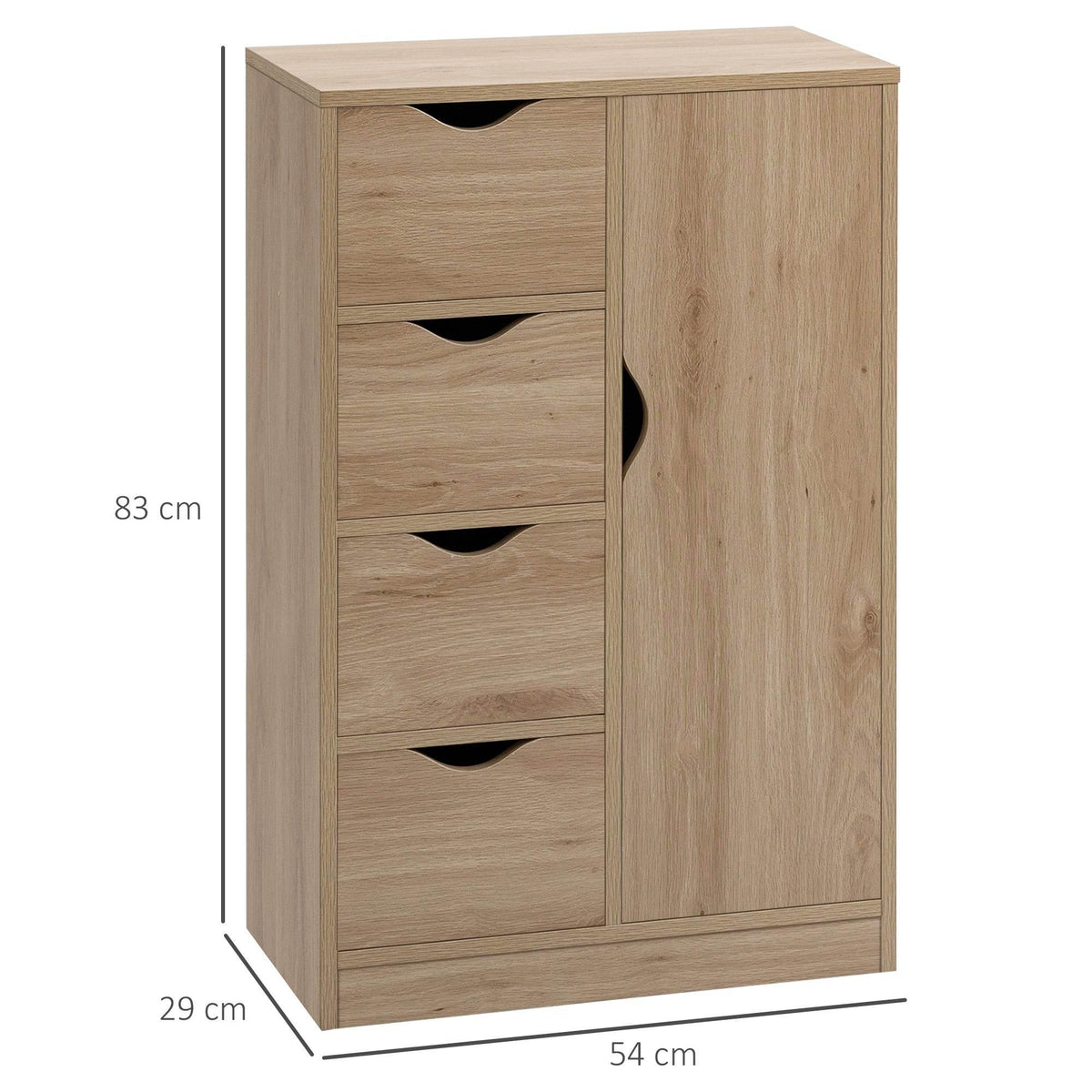 Natural wood storage cabinet with stacked drawers and a right-side door cupboard
