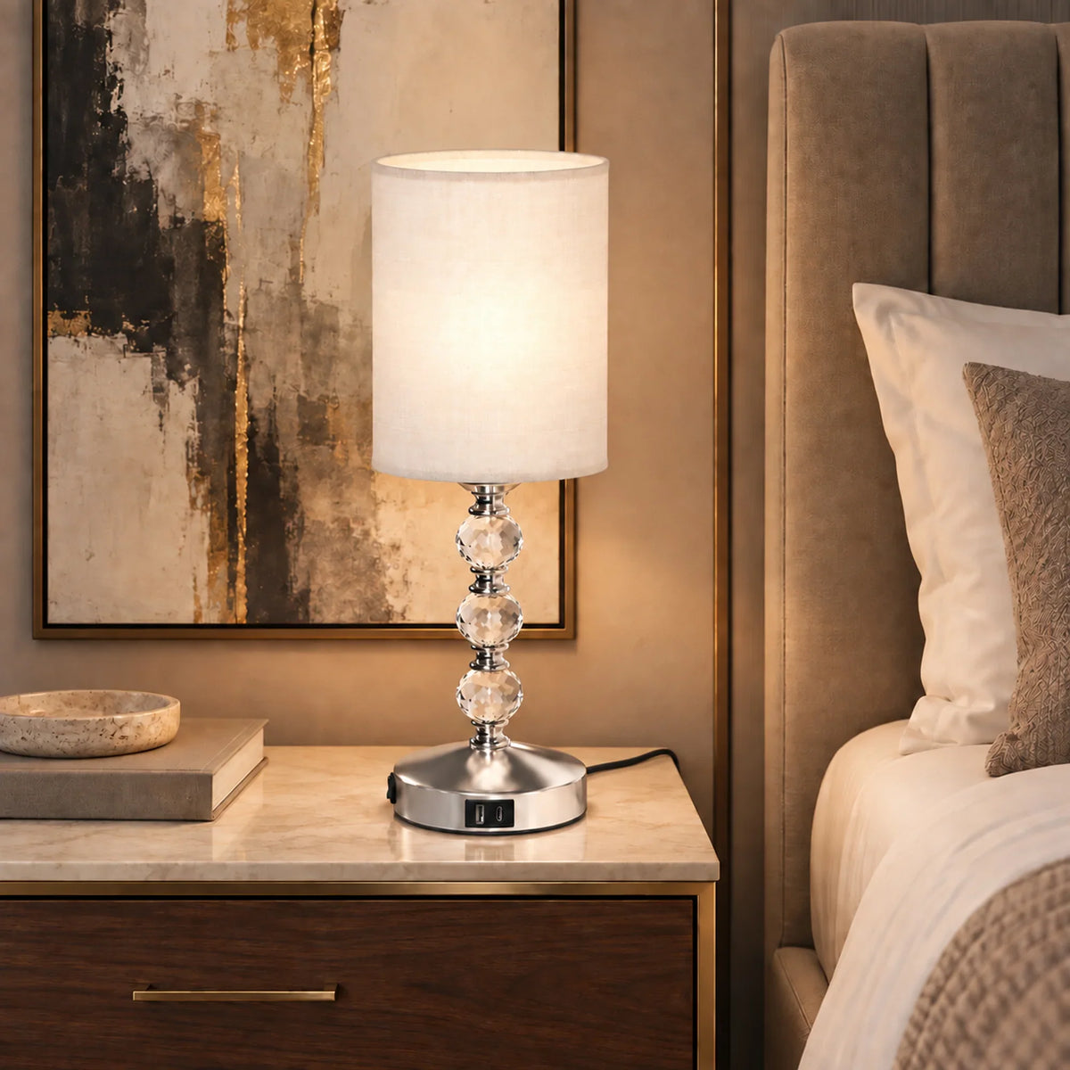 Crystal bedside table lamp with white fabric shade and chrome round base