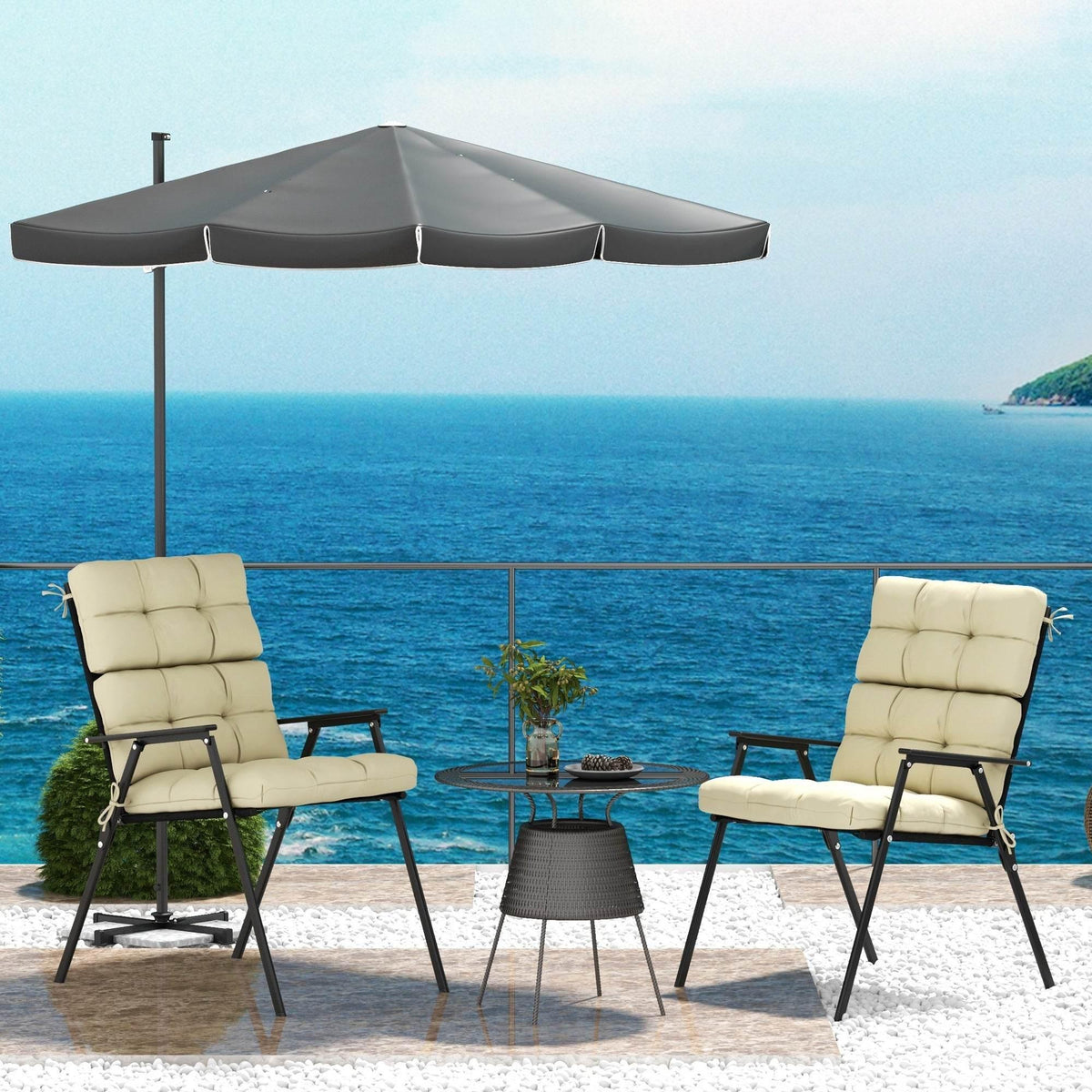 Two beige patio chairs with thick tufted cushions and secure tie straps