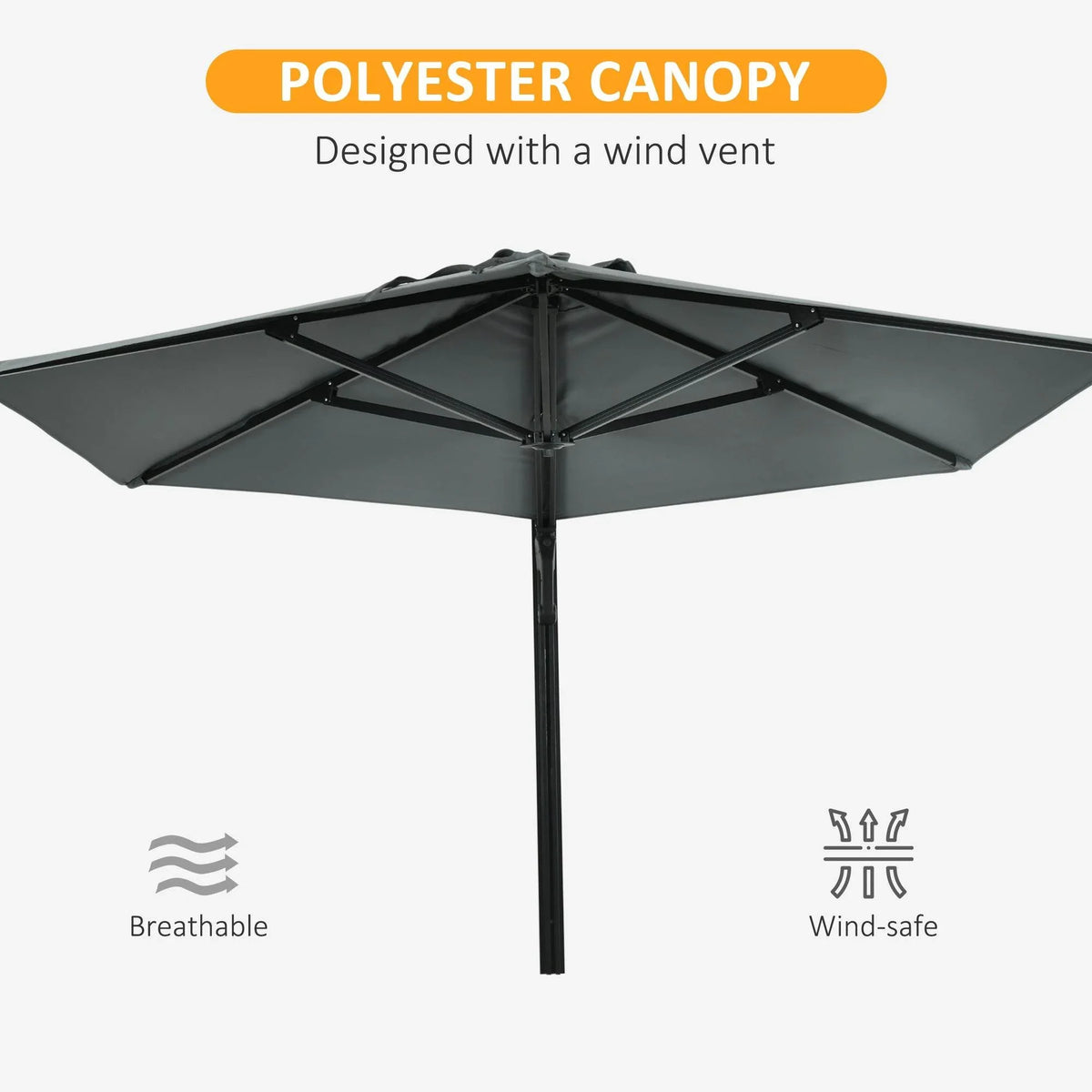 Outdoor patio umbrella with dark grey polyester canopy and wind vent