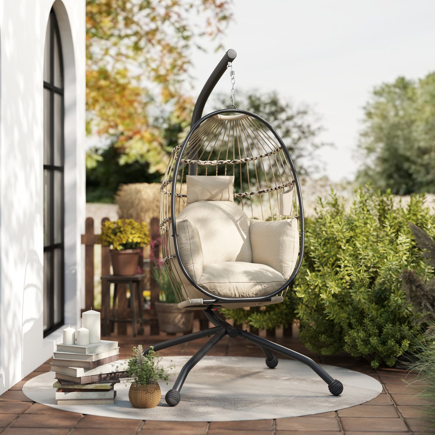 Outsunny Hanging Egg Chair With Stand Folding Basket Thickened Cushion Cup Holder Headrest For Outdoor Balcony Khaki