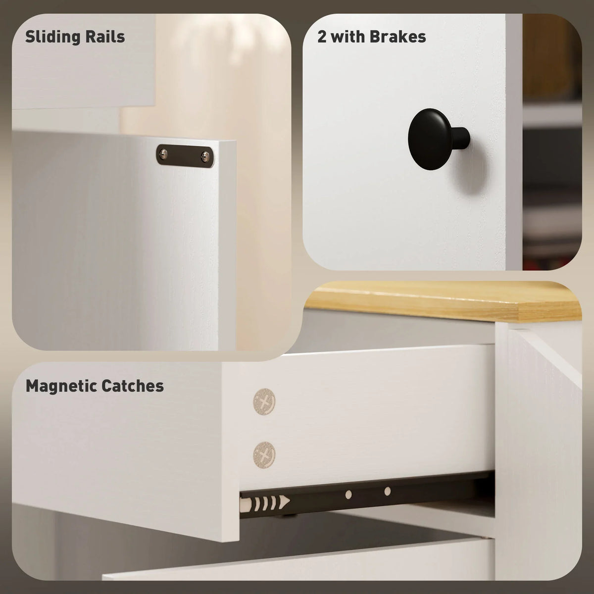 White cabinet of rolling island with sliding rails, magnetic catches, and knob pull
