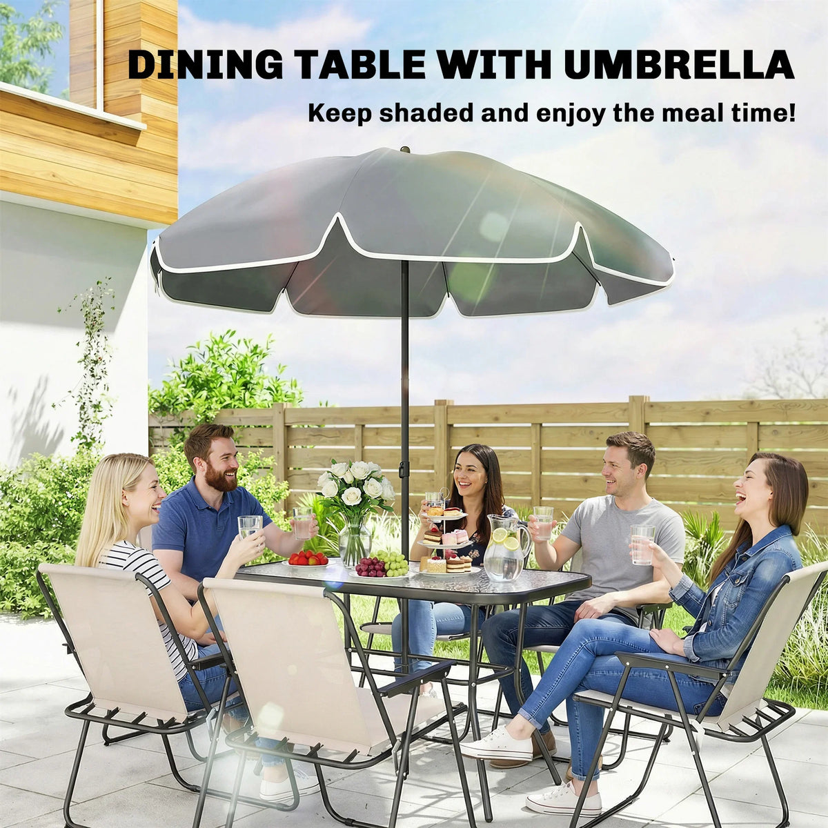 Outdoor dining table with umbrella and folding chairs, featuring a clear glass tabletop