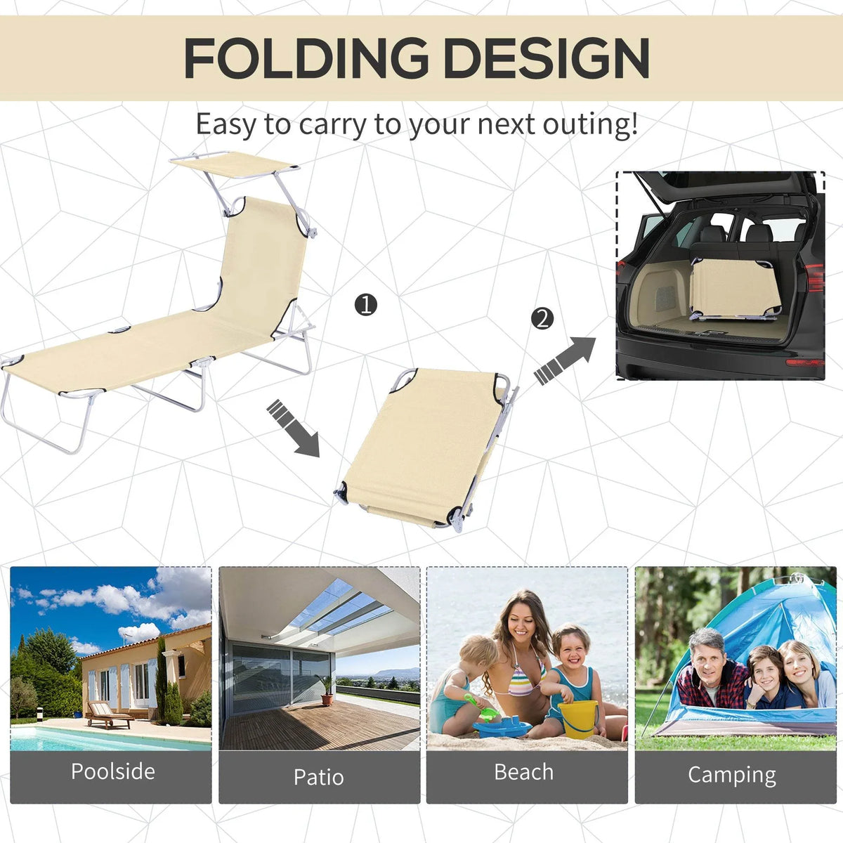 Beige folding sun lounger shown folded for transport and storage