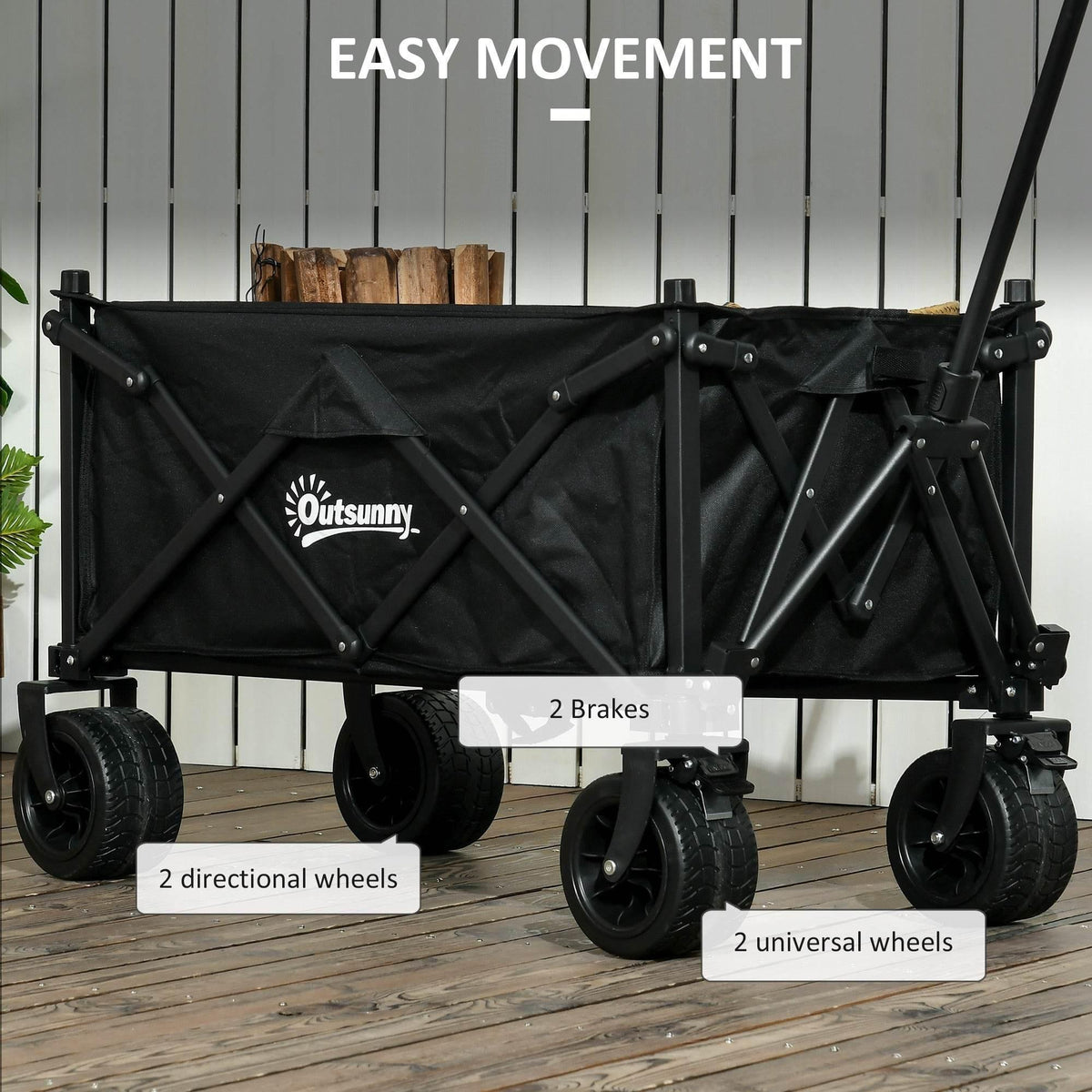 Black garden wagon cart with wheel system and two visible brake locks